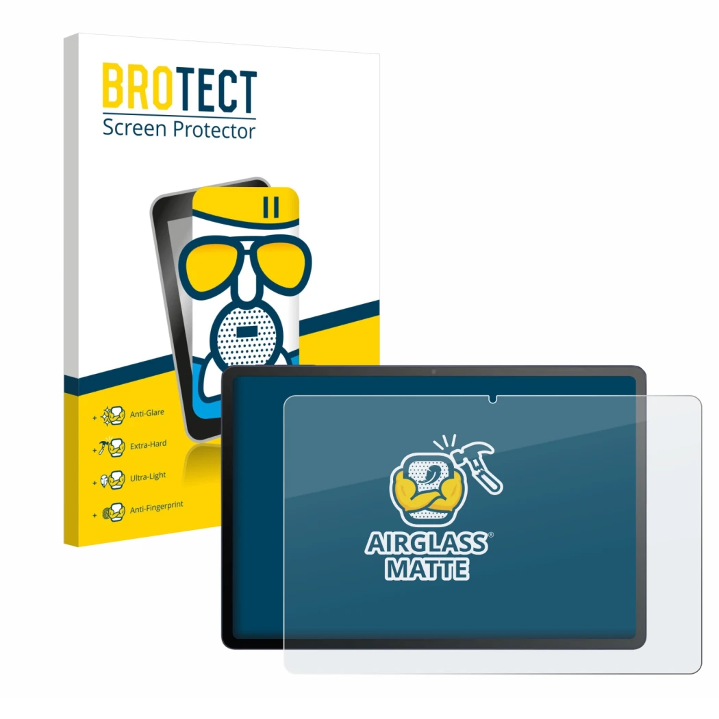 Front side of a product packaging with the brand logo BROTECT. Next to it is the device TCL Tab A1 Plus shown with the corresp