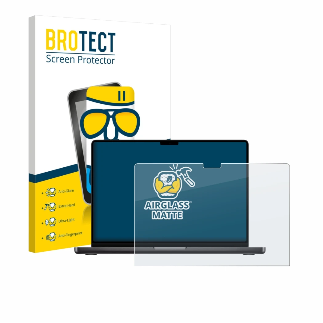 Front side of a product packaging with the brand logo BROTECT. Next to it is the device Apple MacBook Pro 14