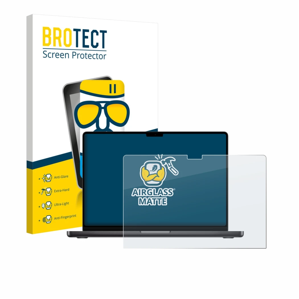 Front side of a product packaging with the brand logo BROTECT. Next to it is the device Apple MacBook Pro 16