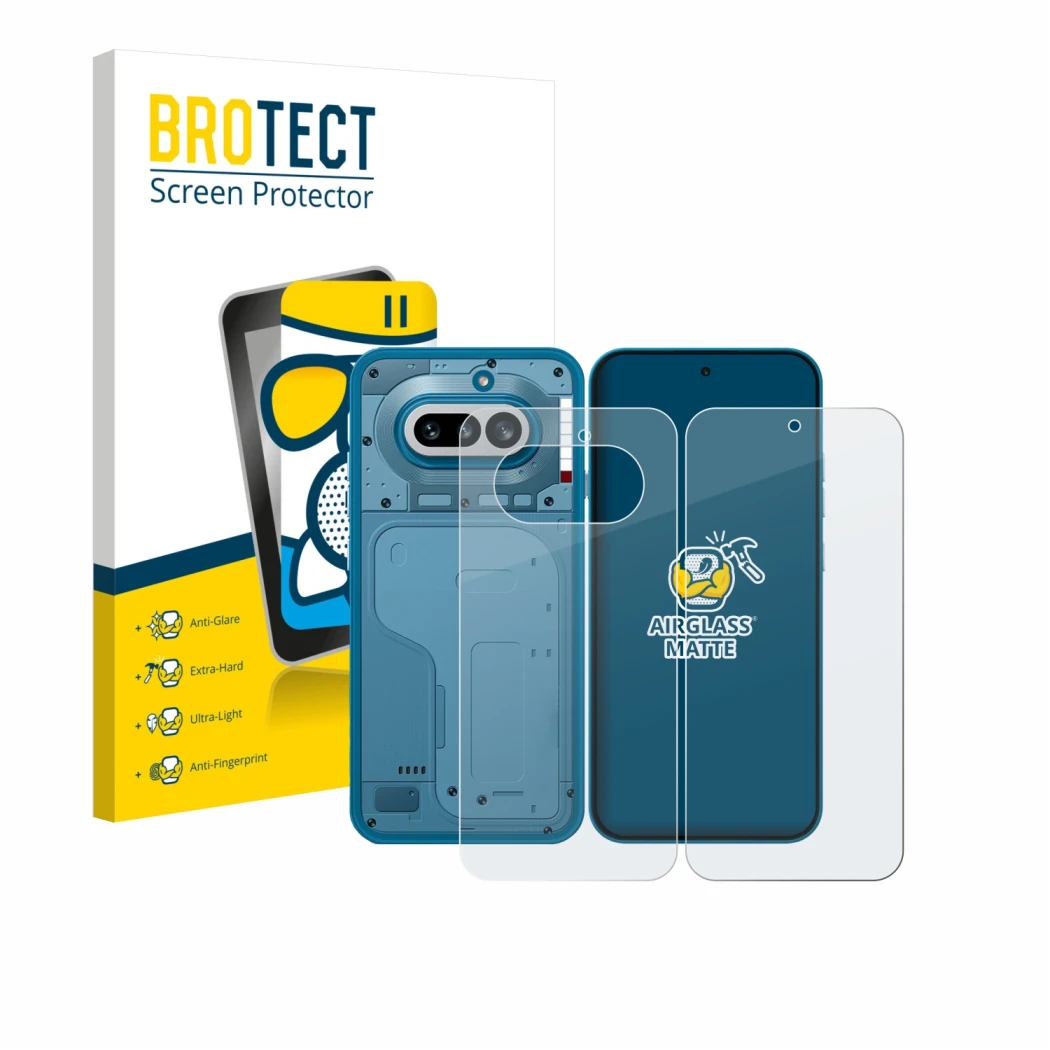 Front side of a product packaging with the brand logo BROTECT. Next to it is the device Nothing Phone (4a) (Front+Back) shown 