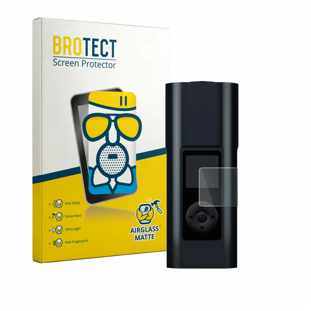 Front side of a product packaging with the brand logo BROTECT. Next to it is the device Arizer Solo 3 V2 shown with the corres