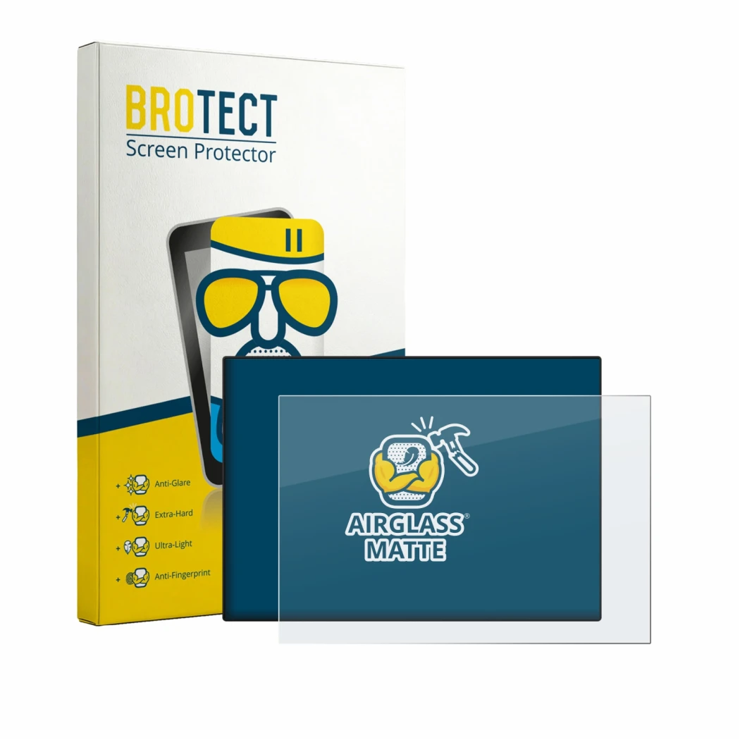 Front side of a product packaging with the brand logo BROTECT. Next to it is the device CrossControl CCpilot V700 shown with t