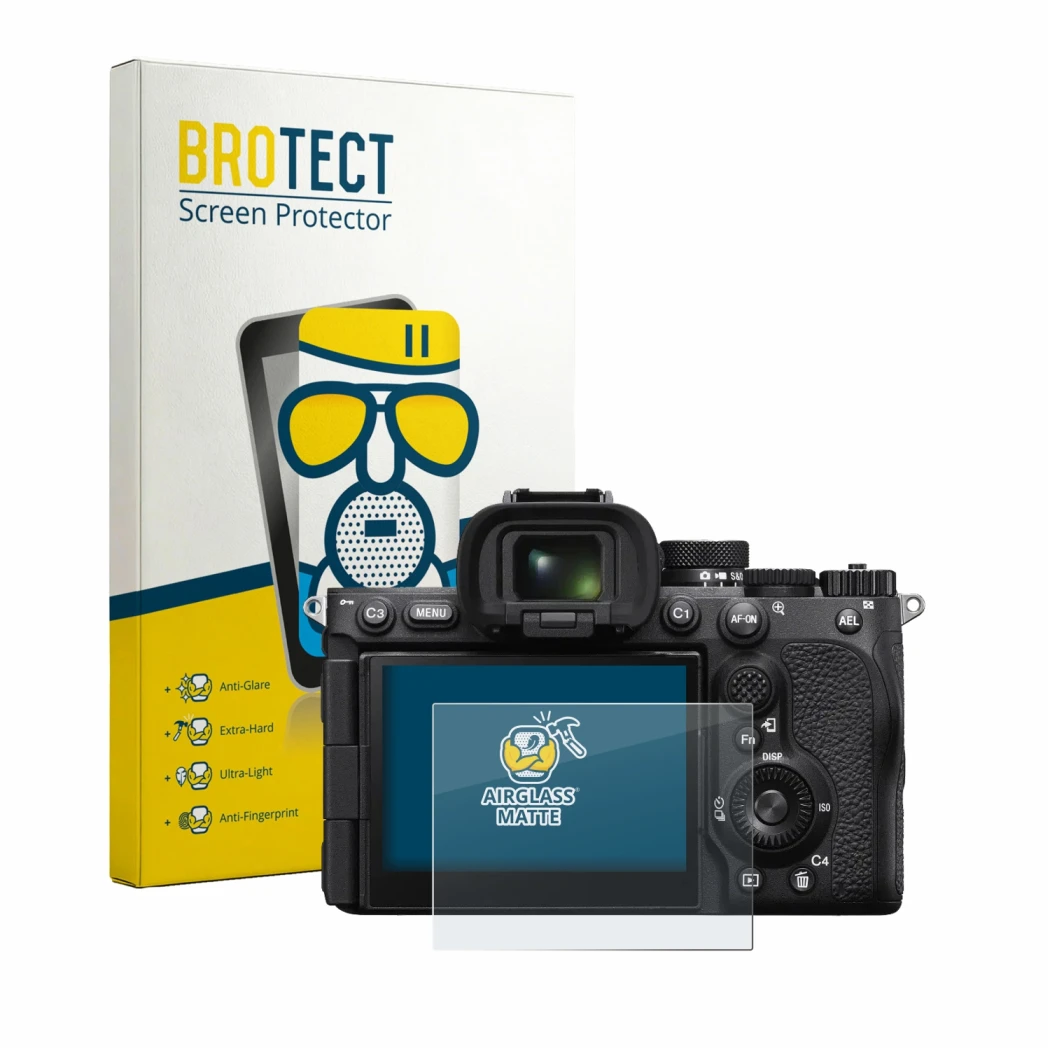 Front side of a product packaging with the brand logo BROTECT. Next to it is the device Sony Alpha 7R VI shown with the corres