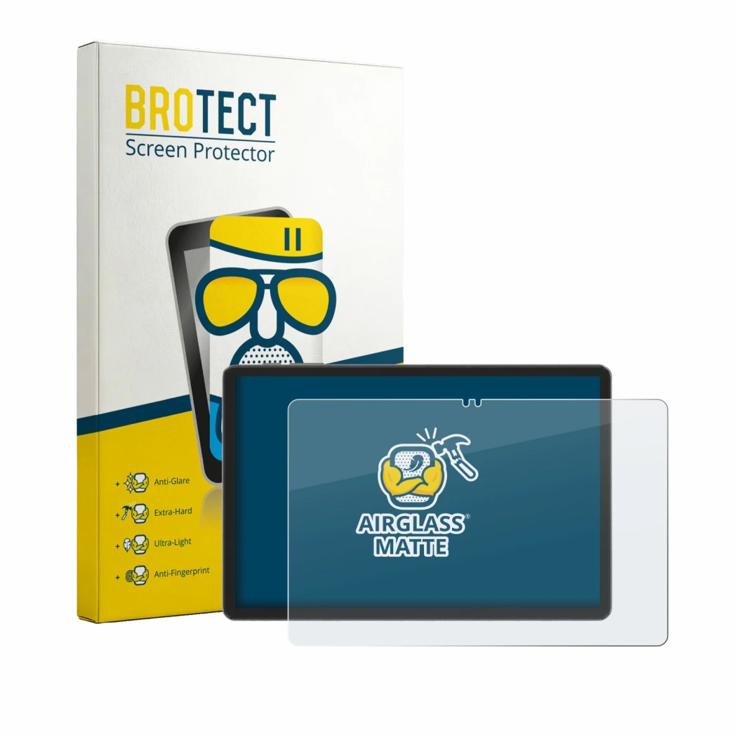 Front side of a product packaging with the brand logo BROTECT. Next to it is the device Blackview Tabwee T50 shown with the co