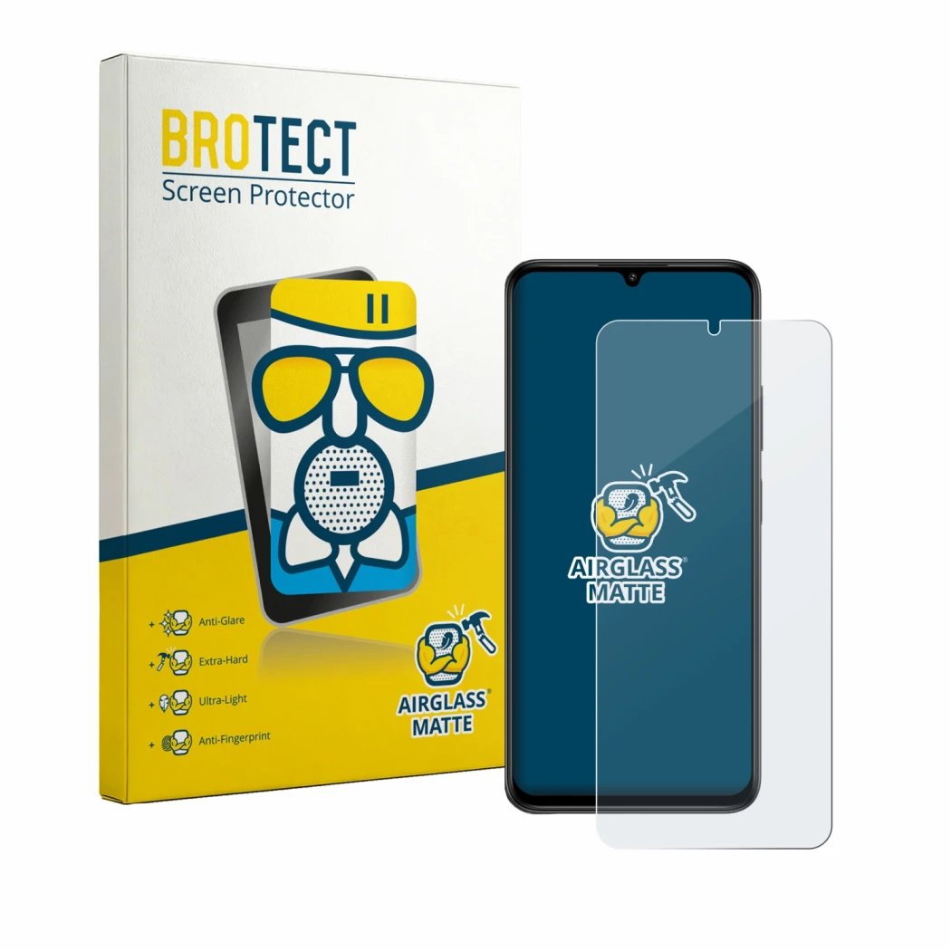 Front side of a product packaging with the brand logo BROTECT. Next to it is the device Lava Bold N2 shown with the correspond