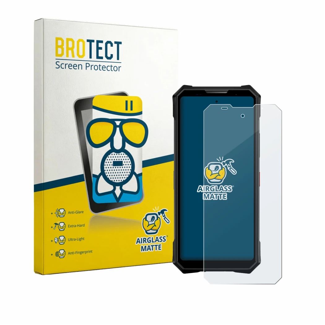 Front side of a product packaging with the brand logo BROTECT. Next to it is the device Doogee V50 Pro shown with the correspo