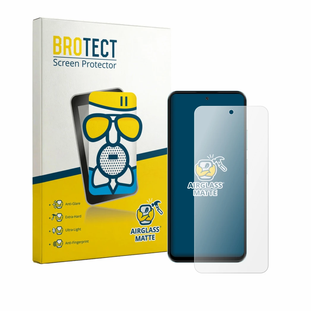 Front side of a product packaging with the brand logo BROTECT. Next to it is the device HMD Luma shown with the corresponding