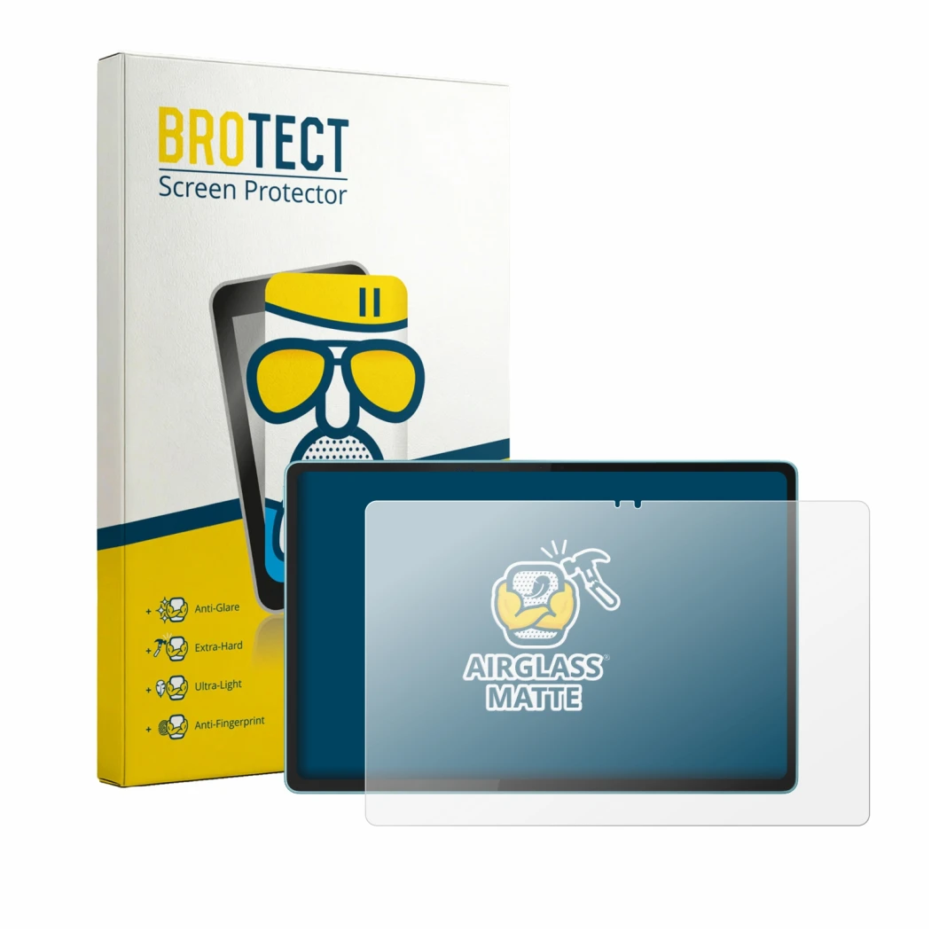 Front side of a product packaging with the brand logo BROTECT. Next to it is the device Motorola Moto Pad 70 shown with the co