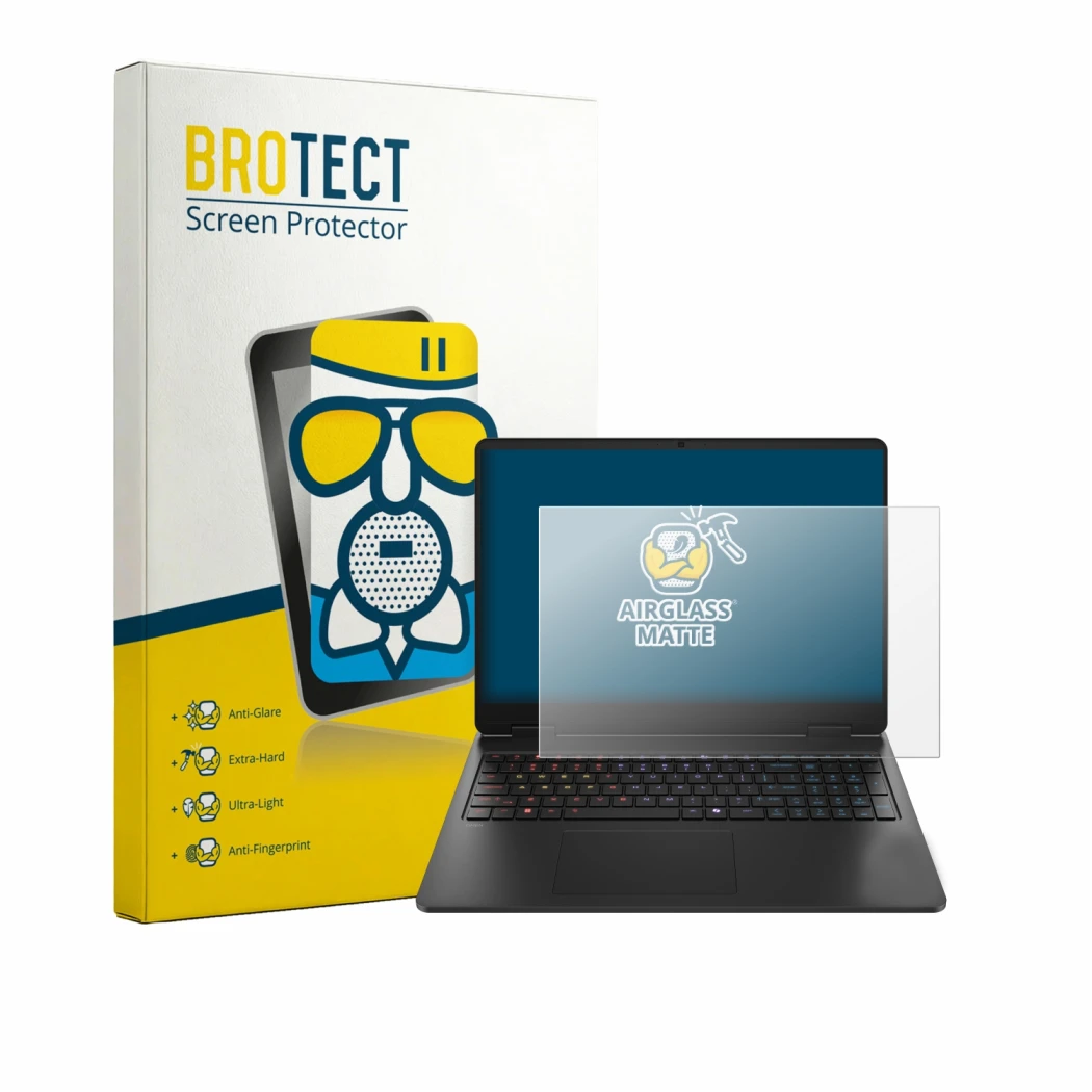 Front side of a product packaging with the brand logo BROTECT. Next to it is the device HP HyperX Omen 16 shown with the corre