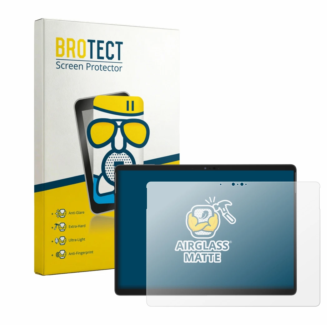 Front side of a product packaging with the brand logo BROTECT. Next to it is the device Chuwi Hi10 Max 2-in-1 shown with the c