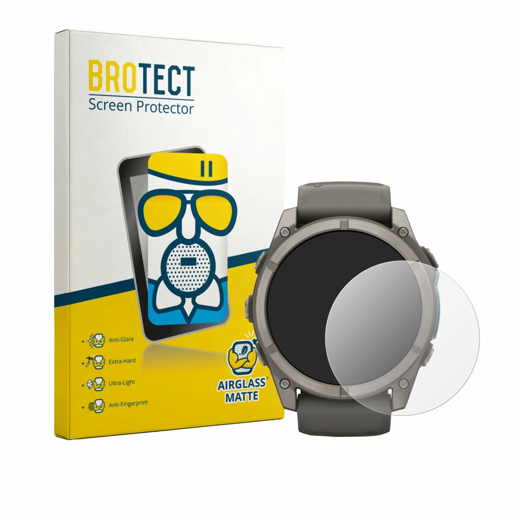 Front side of a product packaging with the brand logo BROTECT. Next to it is the device Garmin Fenix 9 (51 mm) shown with the 