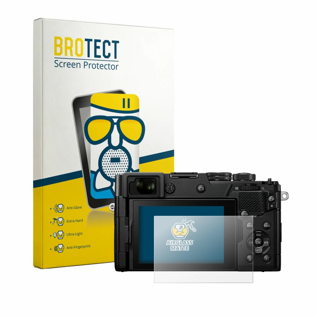 Front side of a product packaging with the brand logo BROTECT. Next to it is the device OM System PEN shown with the correspon