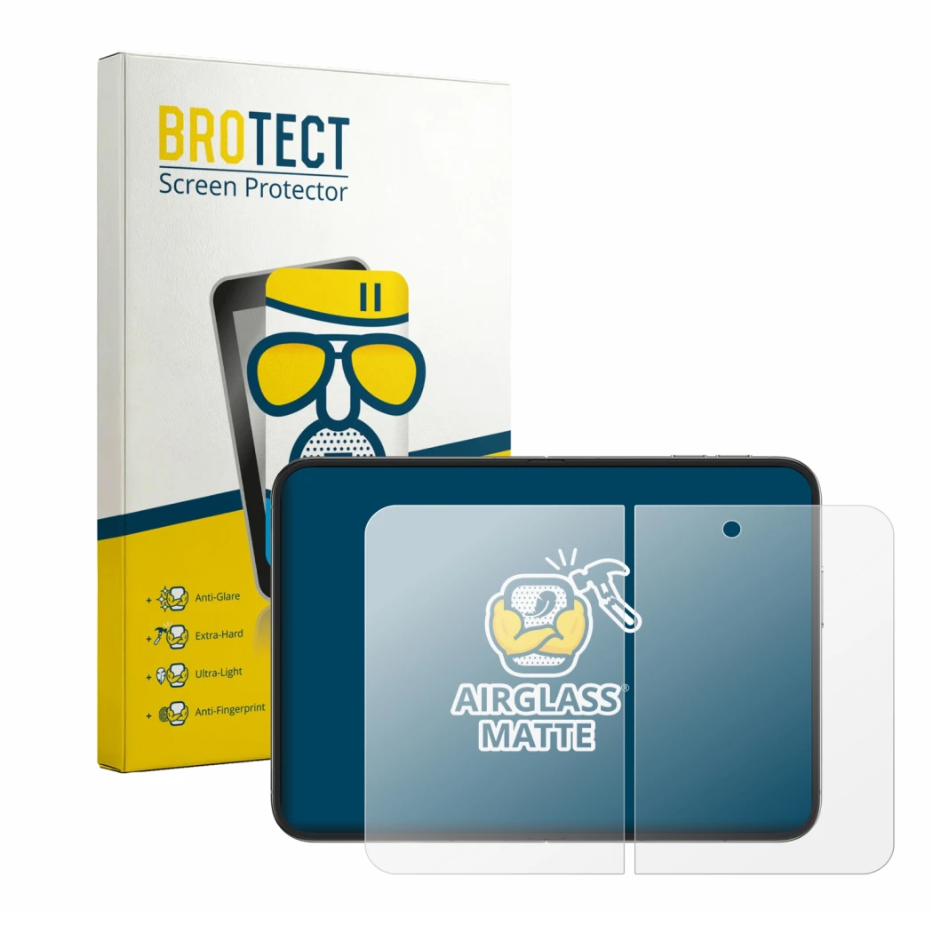 Front side of a product packaging with the brand logo BROTECT. Next to it is the device Apple iPhone Duo (Inner display) shown