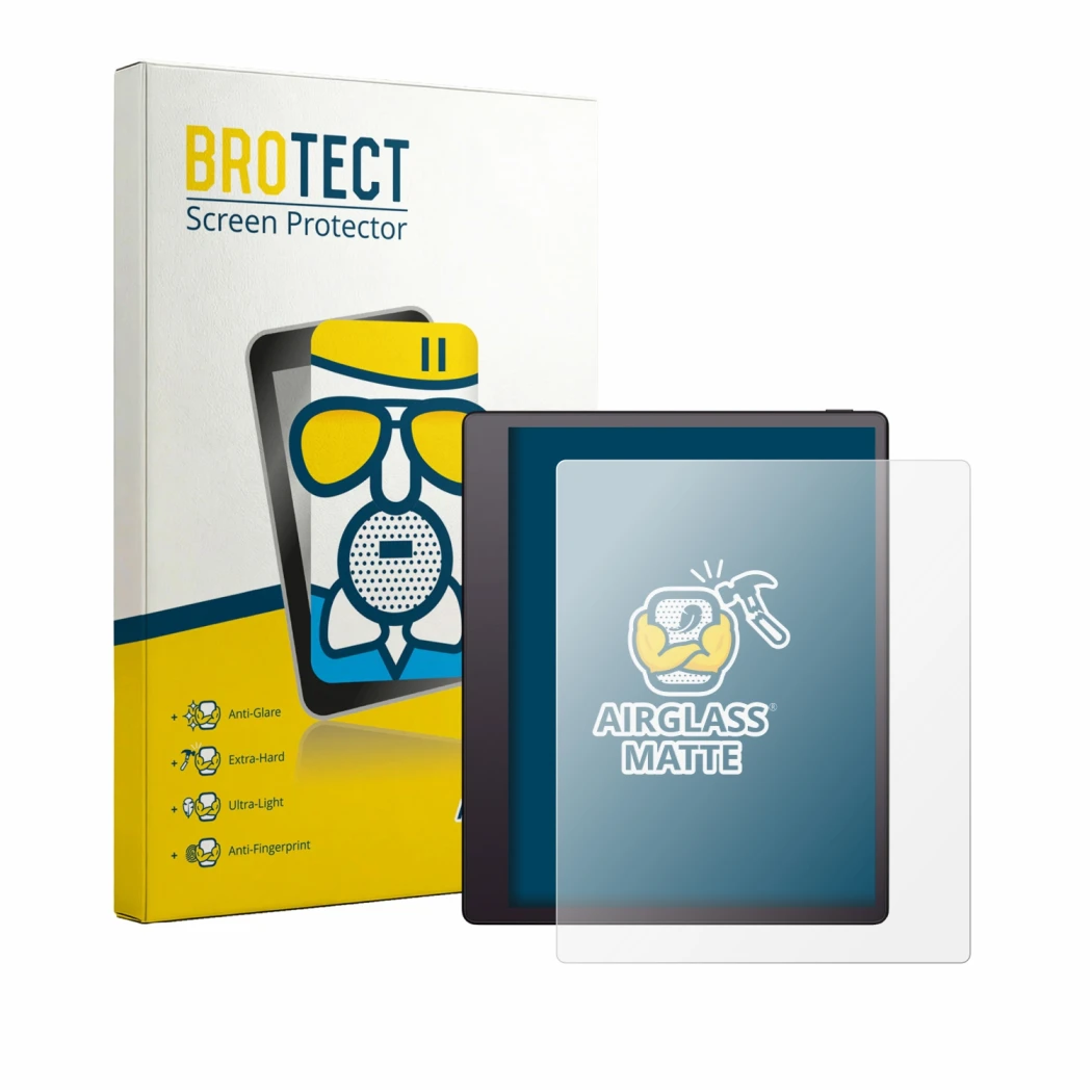 Front side of a product packaging with the brand logo BROTECT. Next to it is the device Boox Note Mini C shown with the corres