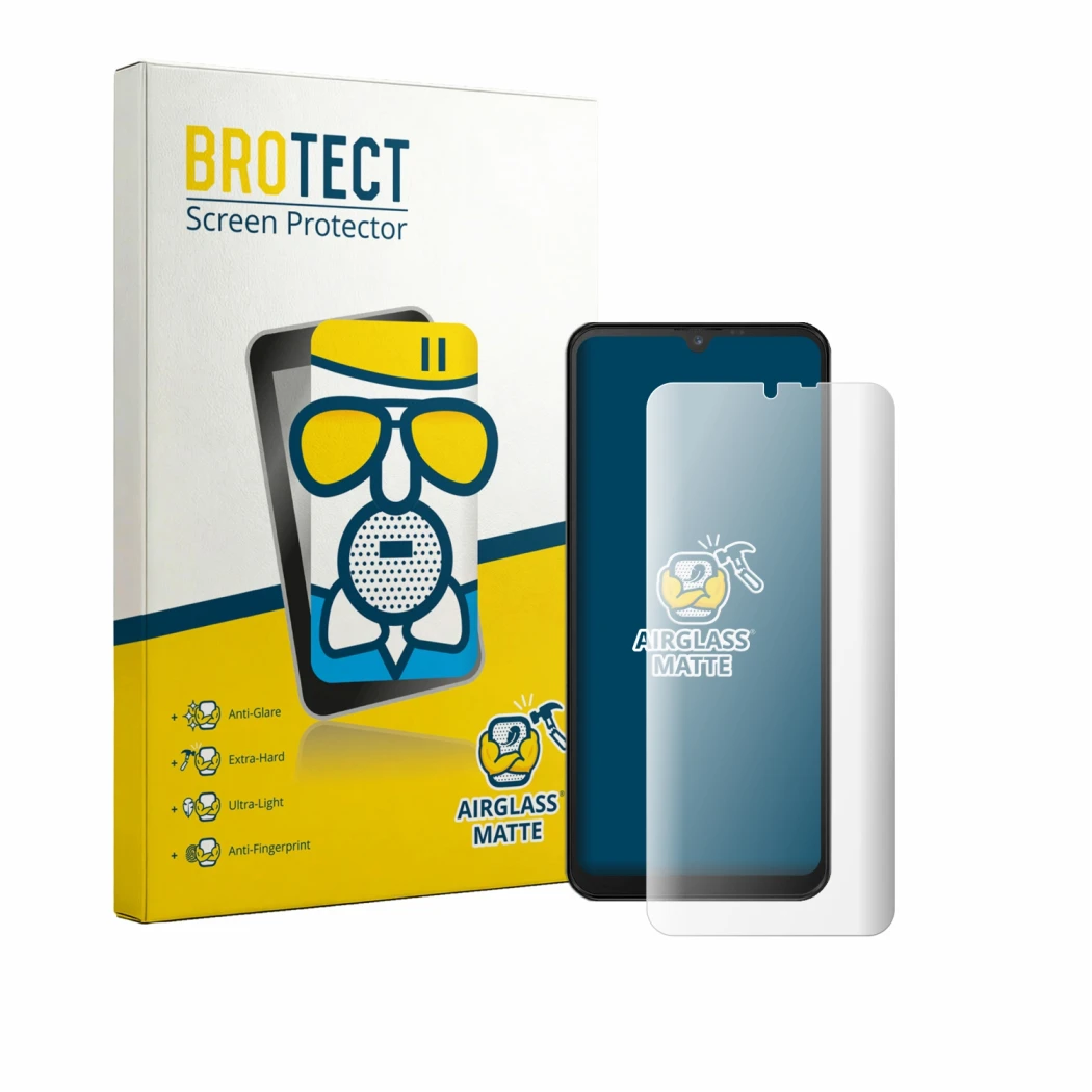Front side of a product packaging with the brand logo BROTECT. Next to it is the device Invens Note 15P shown with the corresp