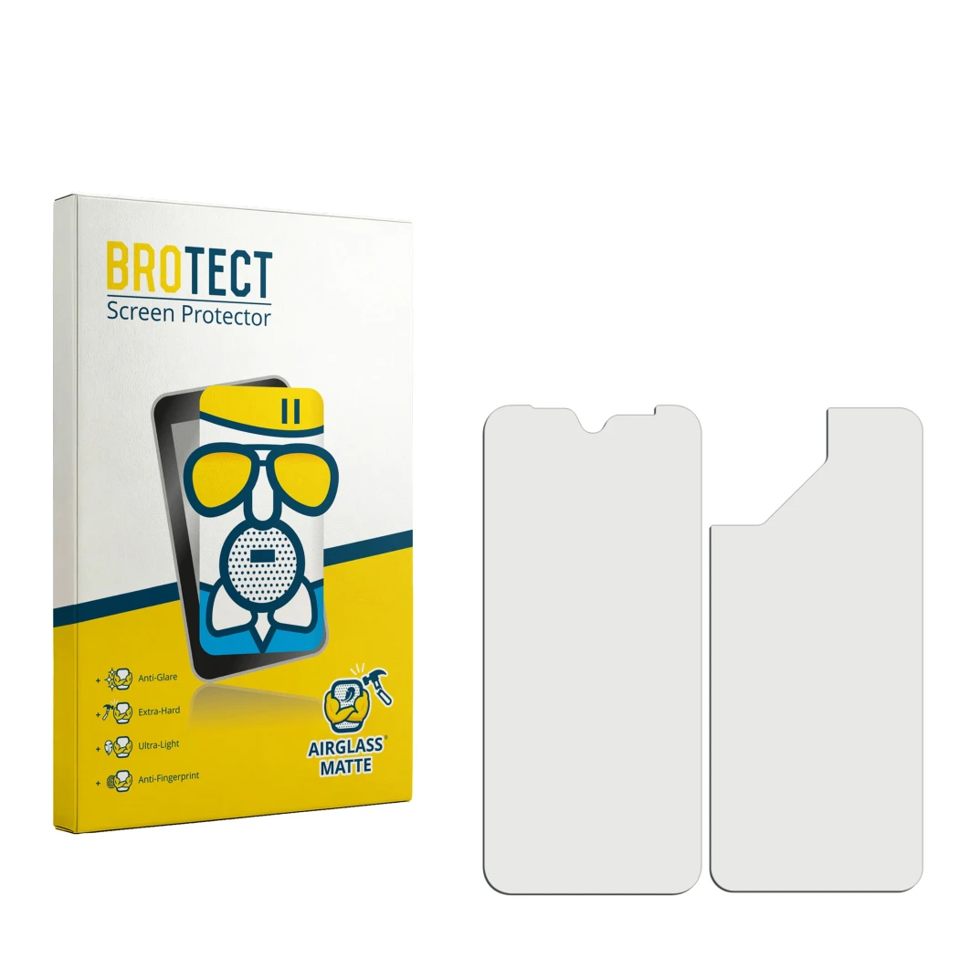 Front side of a product packaging with the brand logo BROTECT. Next to it is the corresponding screen protector.