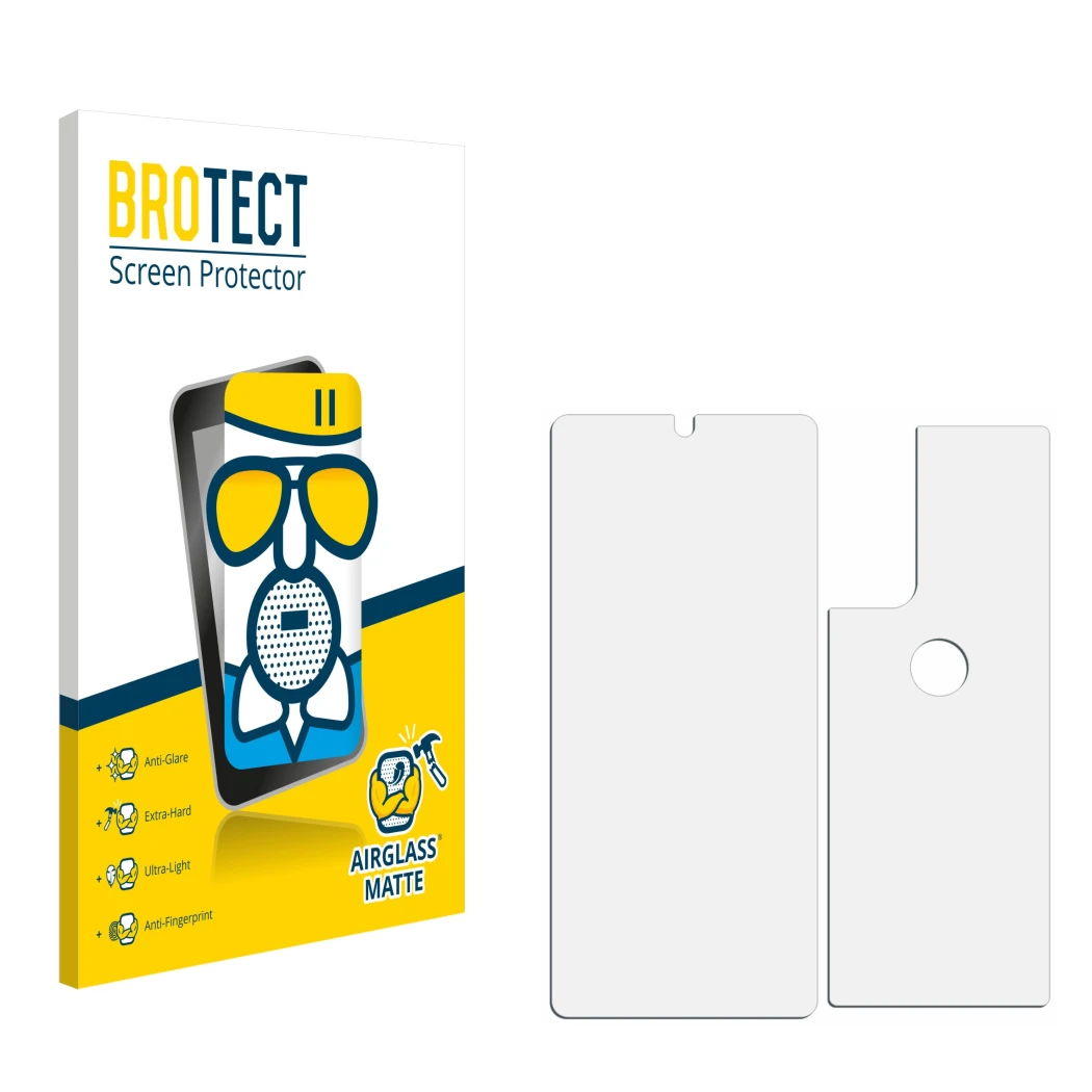 Front side of a product packaging with the brand logo BROTECT. Next to it is the corresponding screen protector.