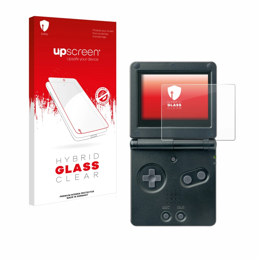 Front side of a product packaging with the brand logo upscreen. Next to it is the device Nintendo Gameboy Advance GBA SP shown