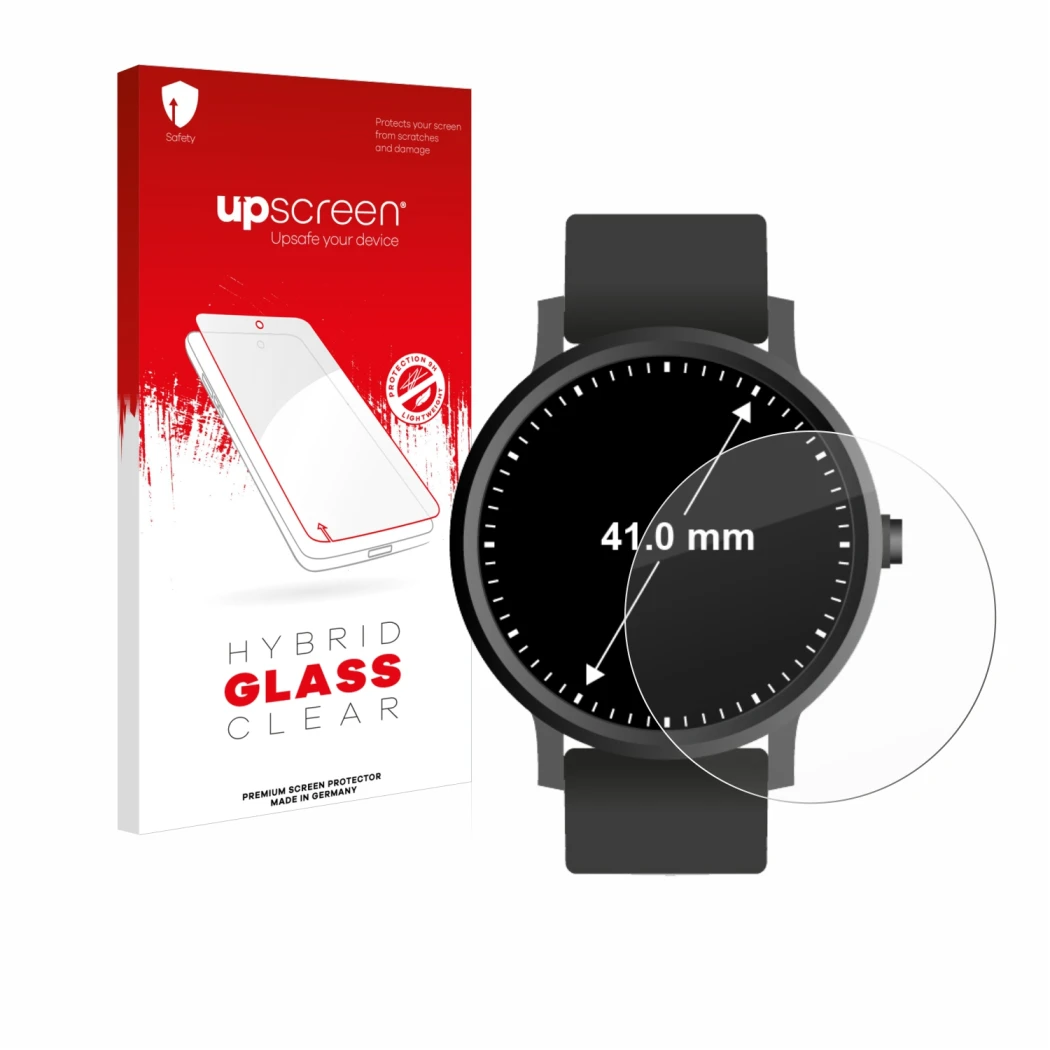Front side of a product packaging with the brand logo upscreen. Next to it is the device Watches (Circular, ø: 41 mm) shown wi