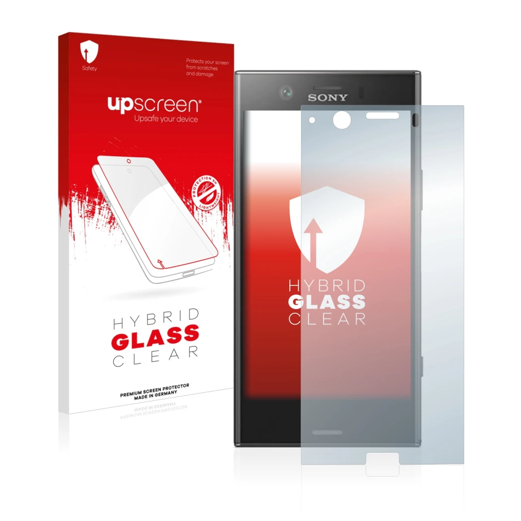 Front side of a product packaging with the brand logo upscreen. Next to it is the device Sony Xperia XZ1 Compact shown with th