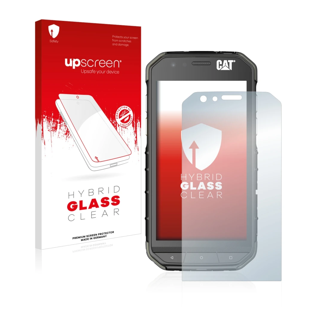 Front side of a product packaging with the brand logo upscreen. Next to it is the device Caterpillar Cat S31 shown with the co