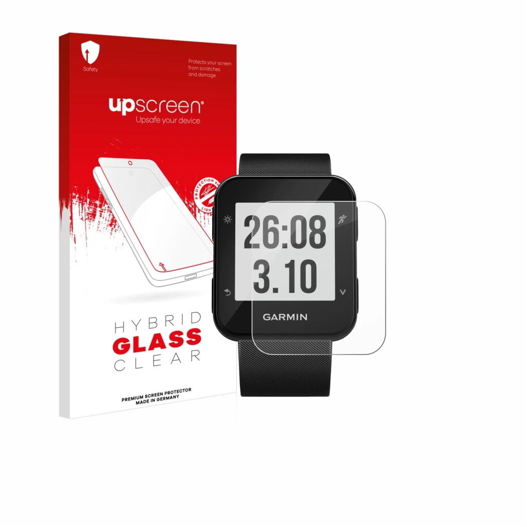 Front side of a product packaging with the brand logo upscreen. Next to it is the device Garmin Forerunner 30 shown with the c