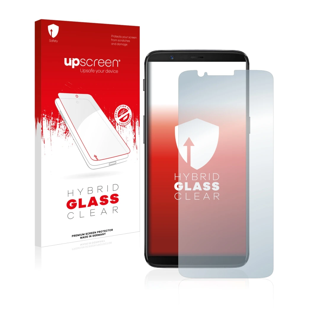 Front side of a product packaging with the brand logo upscreen. Next to it is the device OnePlus 5T shown with the correspondi