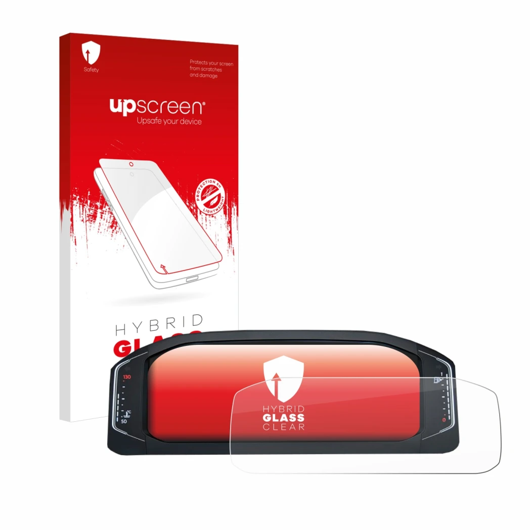 Front side of a product packaging with the brand logo upscreen. Next to it is the device Volkswagen Active Info Display T-Roc 