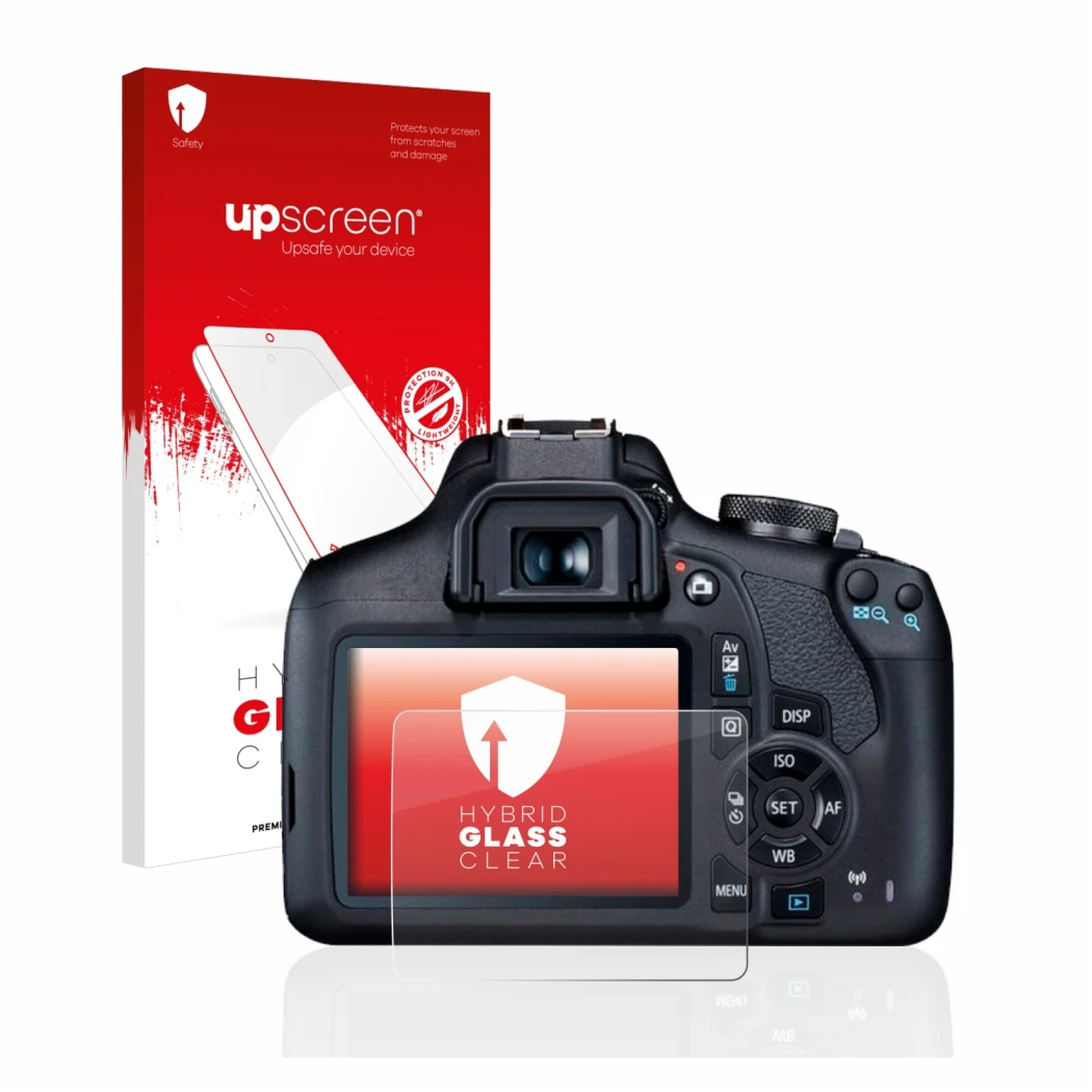 Front side of a product packaging with the brand logo upscreen. Next to it is the device Canon EOS 2000D shown with the corres