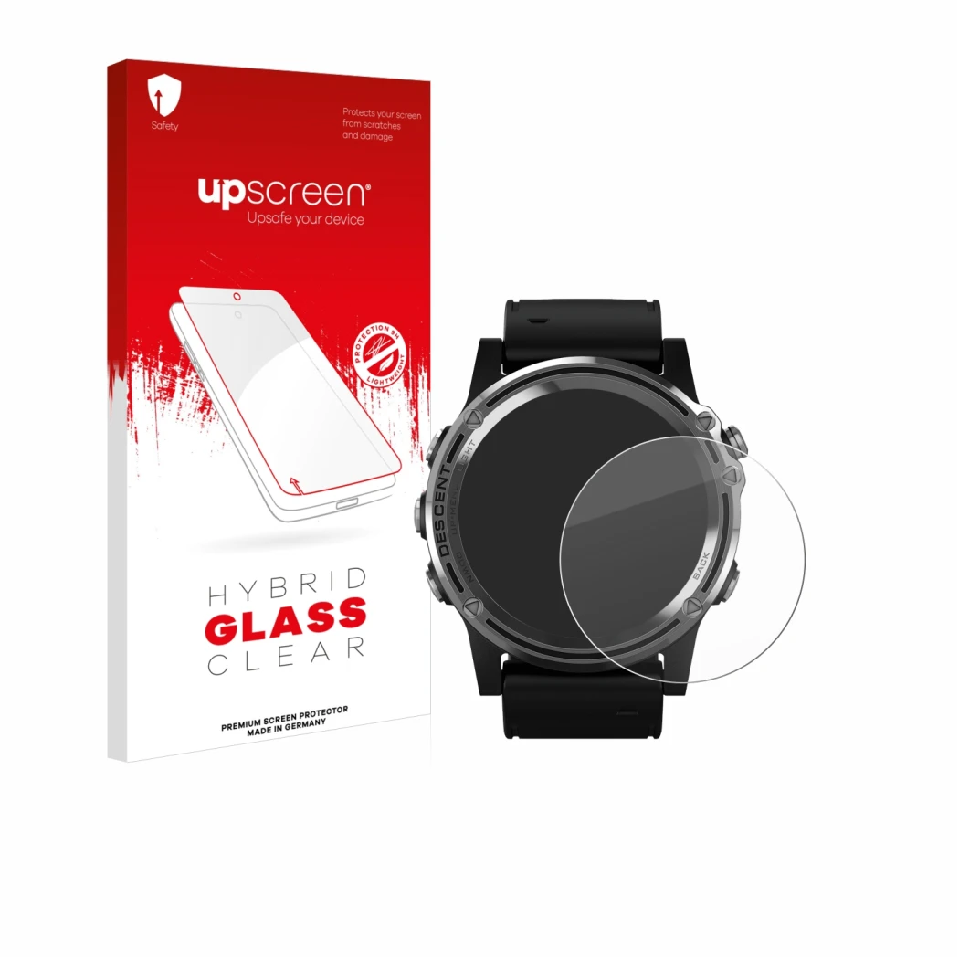 Front side of a product packaging with the brand logo upscreen. Next to it is the device Garmin Descent Mk1 shown with the cor