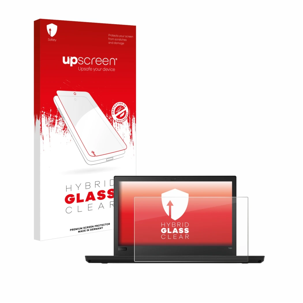 Front side of a product packaging with the brand logo upscreen. Next to it is the device Lenovo ThinkPad T480 shown with the c