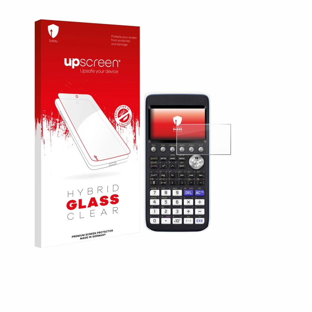 Front side of a product packaging with the brand logo upscreen. Next to it is the device Casio FX-CG50 shown with the correspo