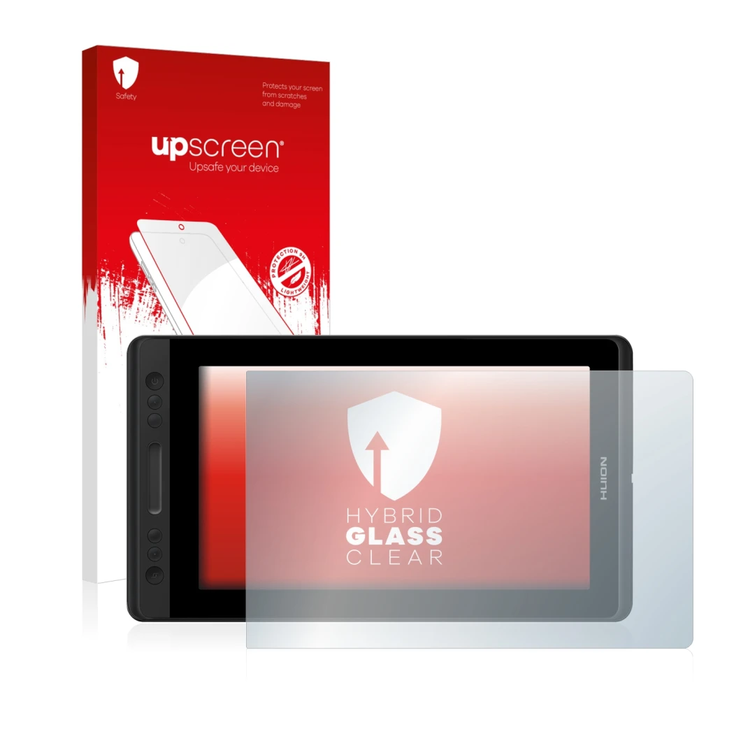 Front side of a product packaging with the brand logo upscreen. Next to it is the device Huion Kamvas Pro 13 shown with the co