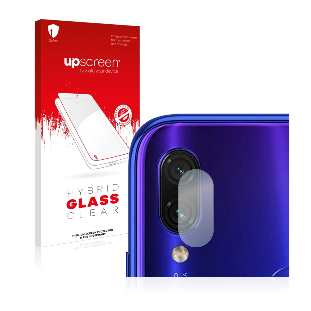 Front side of a product packaging with the brand logo upscreen. Next to it is the device Xiaomi Redmi Note 7 (ONLY Camera Lens