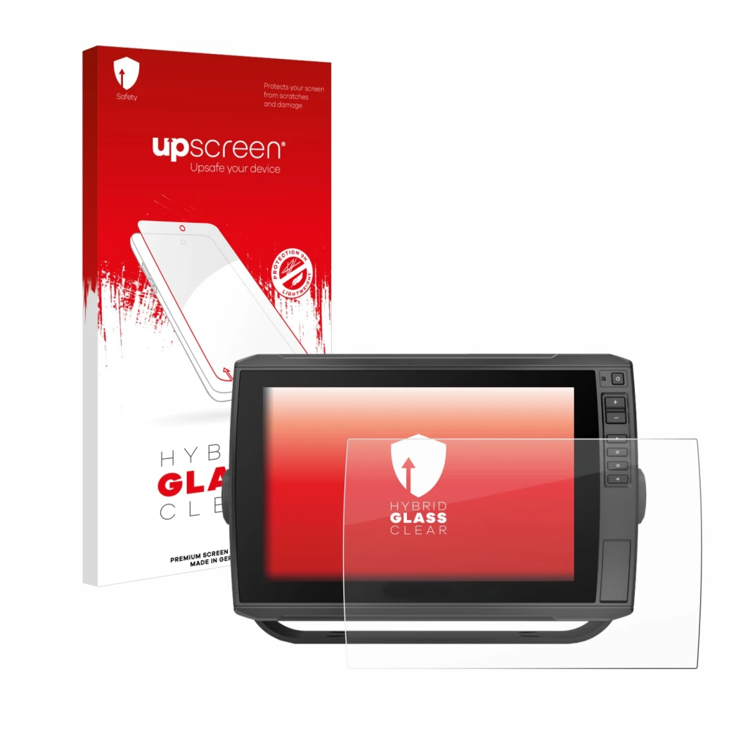 Front side of a product packaging with the brand logo upscreen. Next to it is the device Garmin ECHOMAP Ultra 102sv shown with