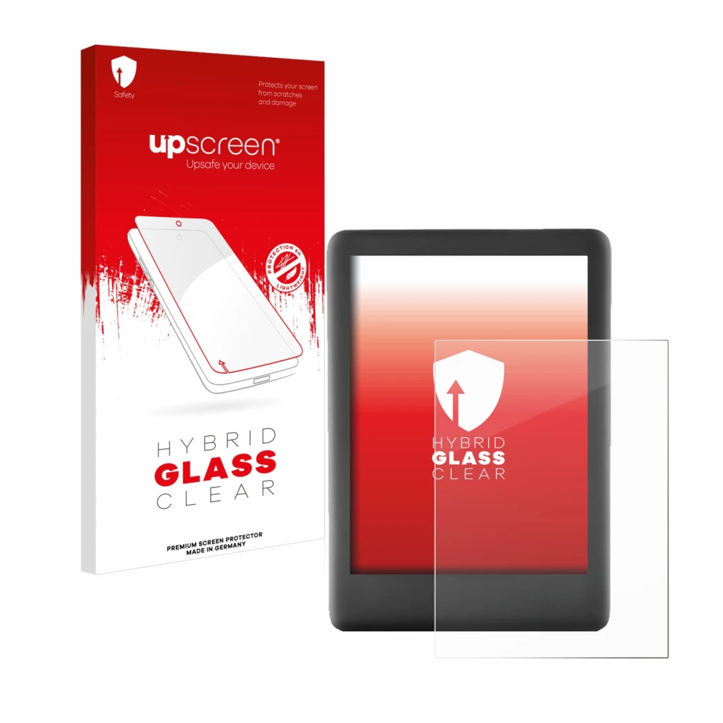 Front side of a product packaging with the brand logo upscreen. Next to it is the device Amazon Kindle 2019 (10th Gen.) shown 