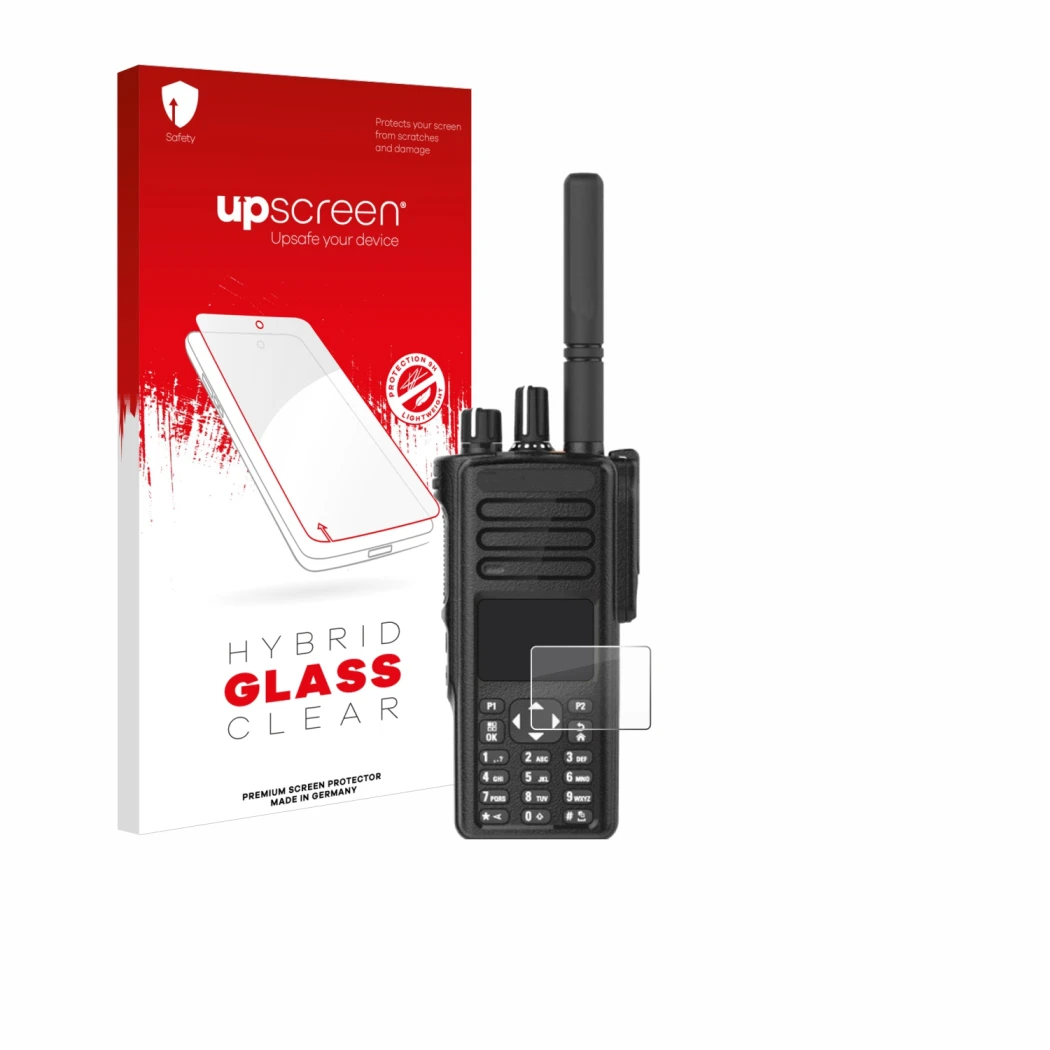 Front side of a product packaging with the brand logo upscreen. Next to it is the device Motorola DP4801e shown with the corre