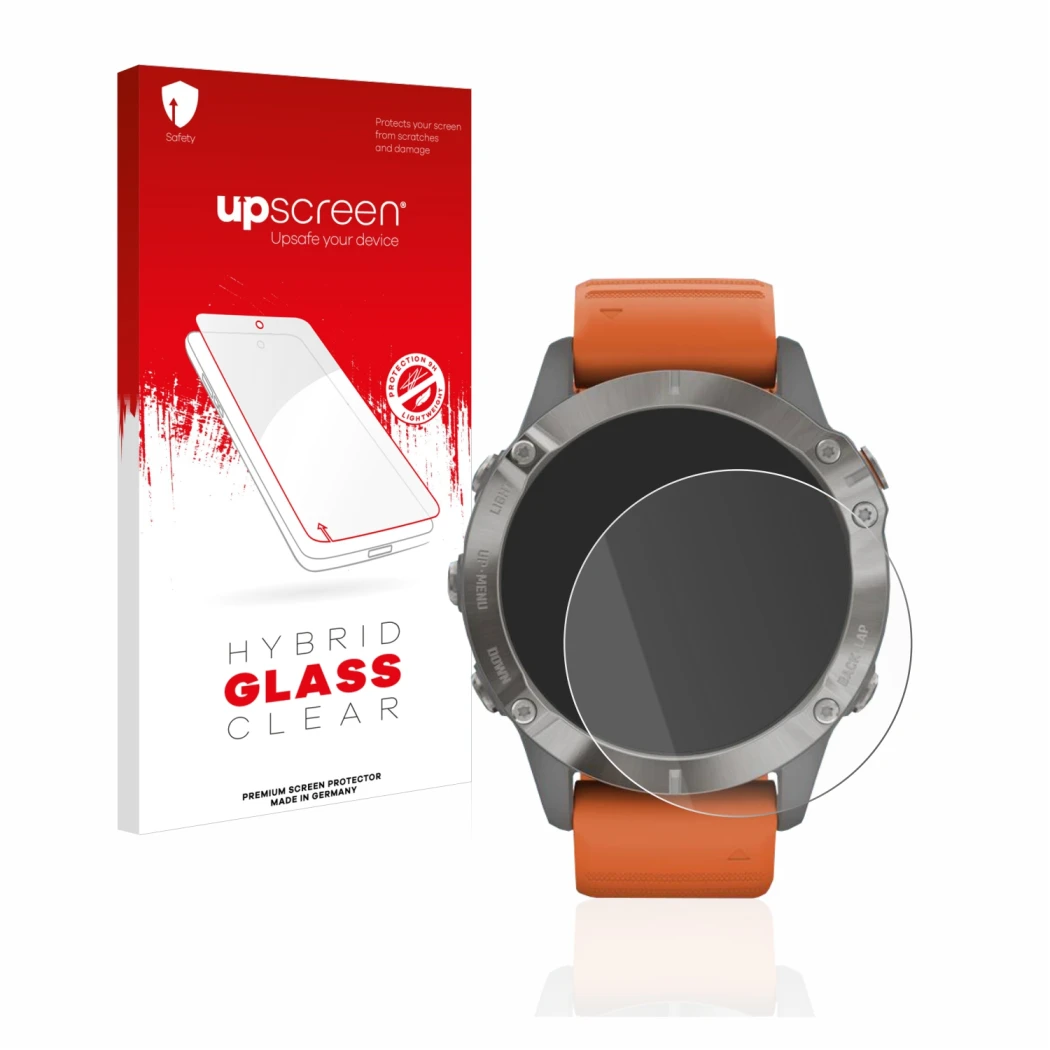 Front side of a product packaging with the brand logo upscreen. Next to it is the device Garmin Fenix 6 Pro shown with the cor