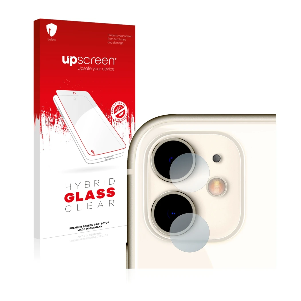 Front side of a product packaging with the brand logo upscreen. Next to it is the device Apple iPhone 11 (ONLY Camera Lens) sh