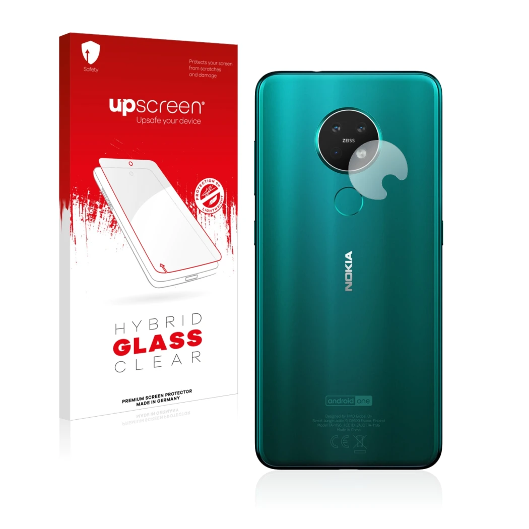 Front side of a product packaging with the brand logo upscreen. Next to it is the device Nokia 7.2 (ONLY Camera Lens) shown wi