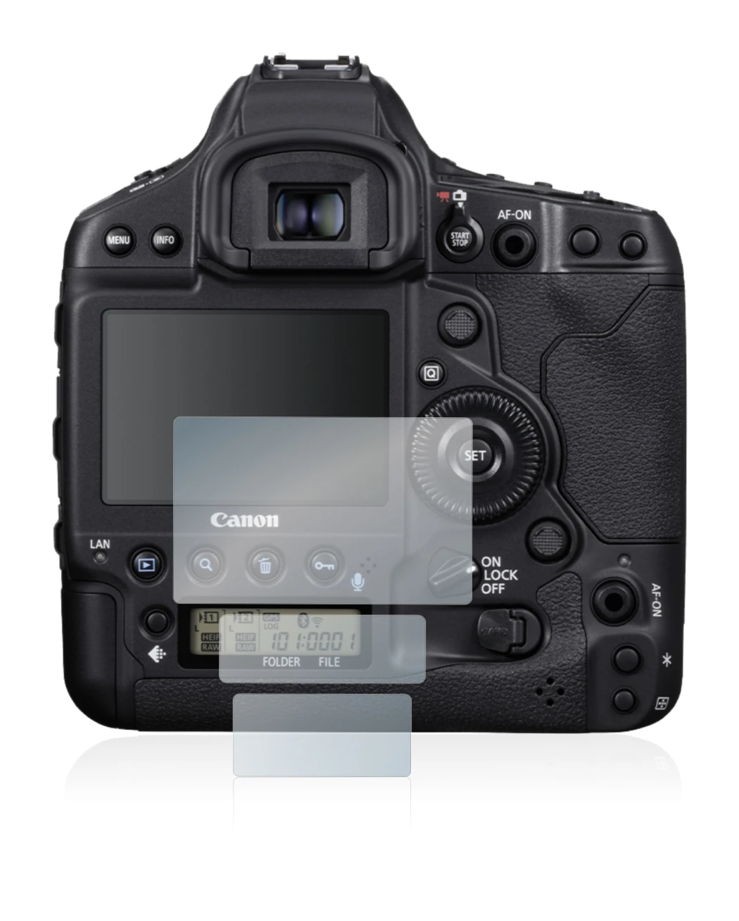 Image of the device Canon EOS 1D X Mark III with a wide variety of screen protectors.