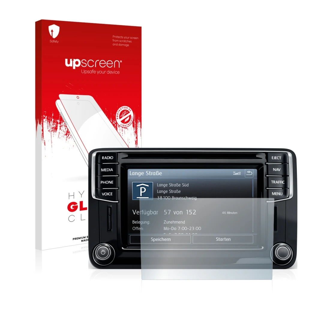 Front side of a product packaging with the brand logo upscreen. Next to it is the device Volkswagen Amarok Discover Media 6.5