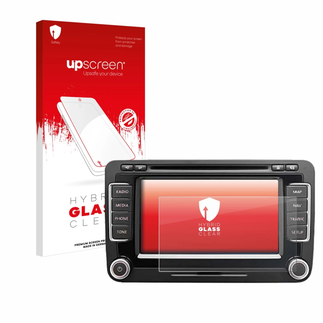 Front side of a product packaging with the brand logo upscreen. Next to it is the device Volkswagen Eos 2011 RNS 510 6.5