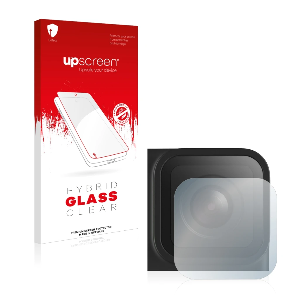 Front side of a product packaging with the brand logo upscreen. Next to it is the device GoPro Hero 9 Black (Lens) shown with 