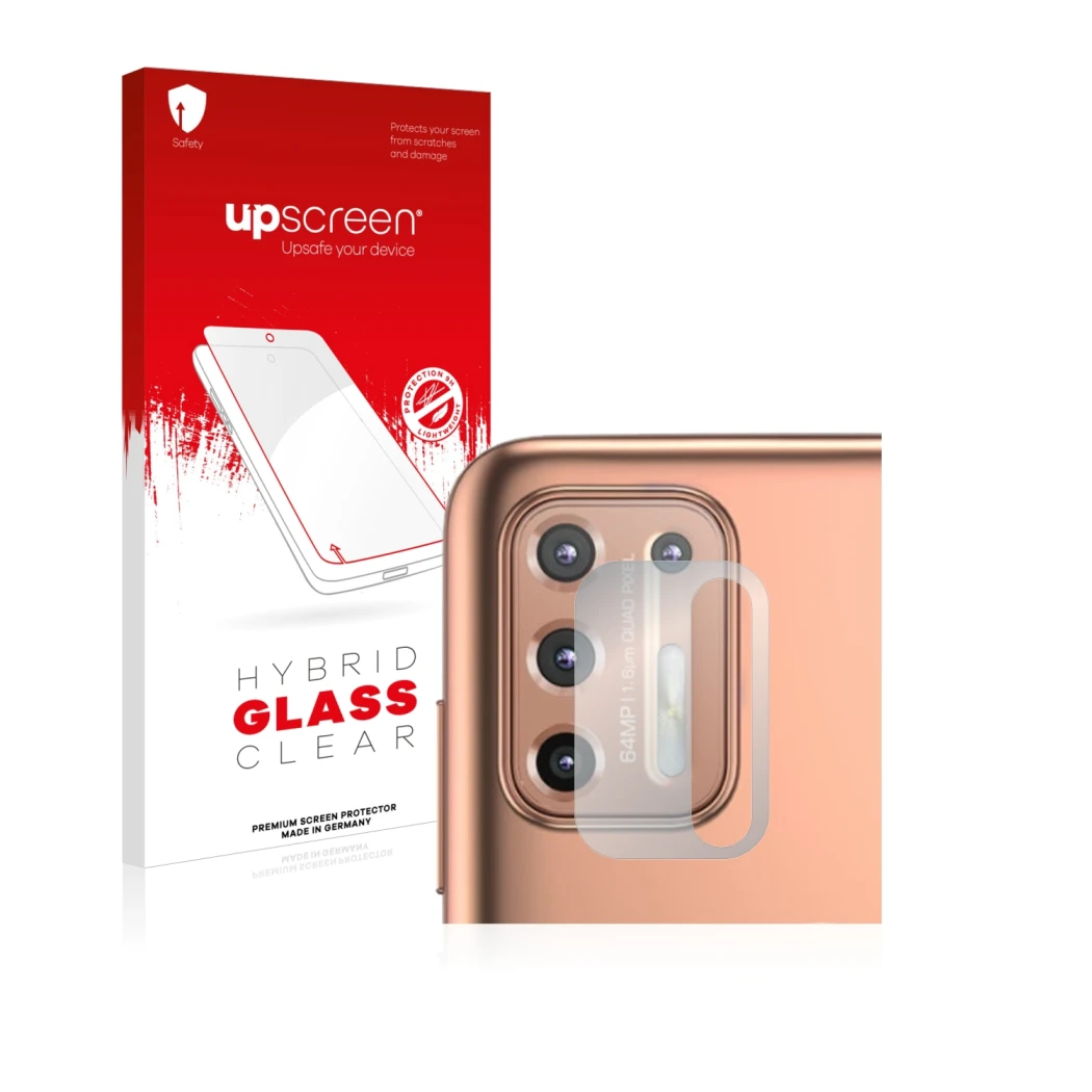 Front side of a product packaging with the brand logo upscreen. Next to it is the device Motorola Moto G9 Plus (ONLY Camera Le