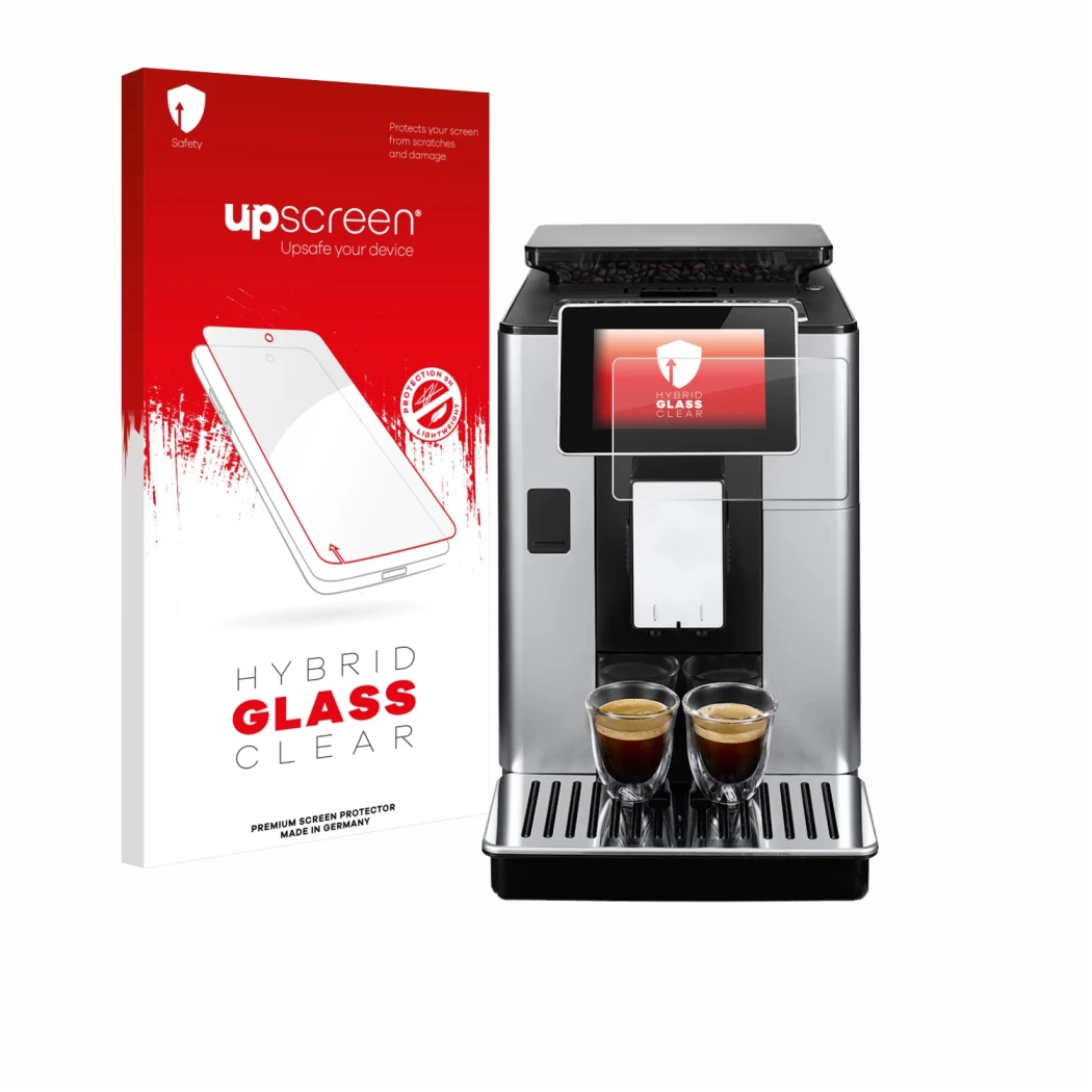 Front side of a product packaging with the brand logo upscreen. Next to it is the device DeLonghi PrimaDonna Soul ECAM612.55.S