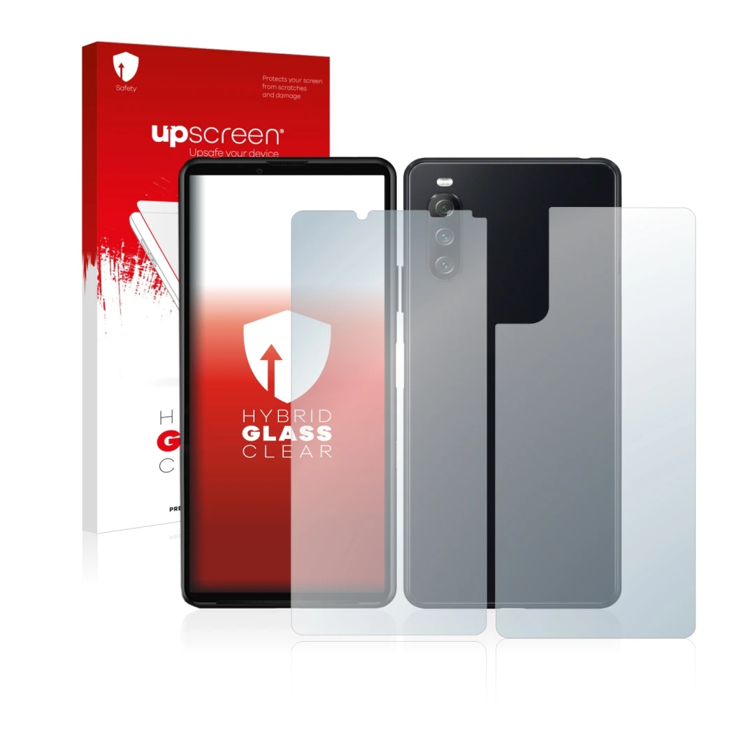 Front side of a product packaging with the brand logo upscreen. Next to it is the device Sony Xperia 10 III (Front+Back) shown