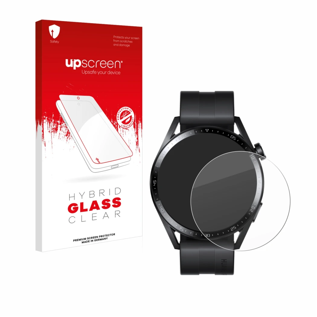Front side of a product packaging with the brand logo upscreen. Next to it is the device Huawei Watch GT 3 (46 mm) shown with