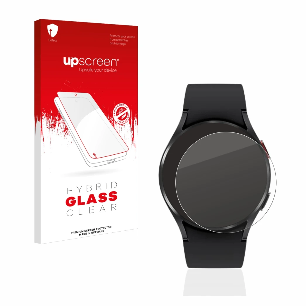 Front side of a product packaging with the brand logo upscreen. Next to it is the device Samsung Galaxy Watch 4 (40mm) shown w