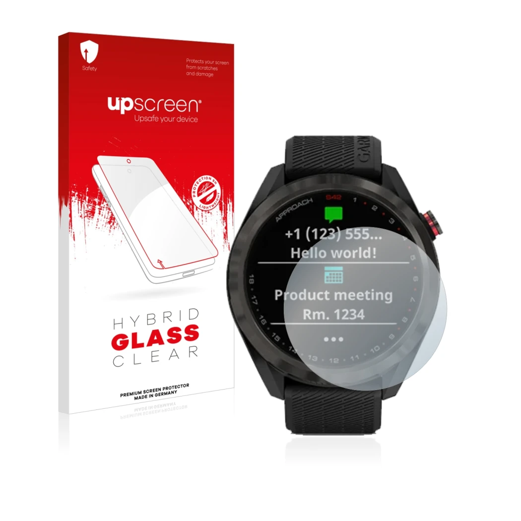 Front side of a product packaging with the brand logo upscreen. Next to it is the device Garmin Approach S42 shown with the co
